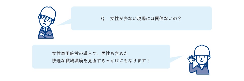 Q.女性が少ない現場には関係ないの？女性専用施設の導入で、男性も含めた快適な職場環境を見直すきっかけにもなります！