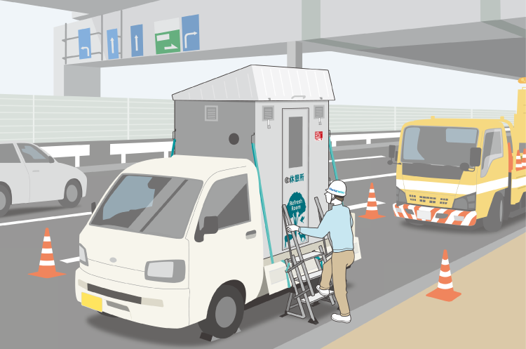 道路工事現場における車載休憩所使用イメージ